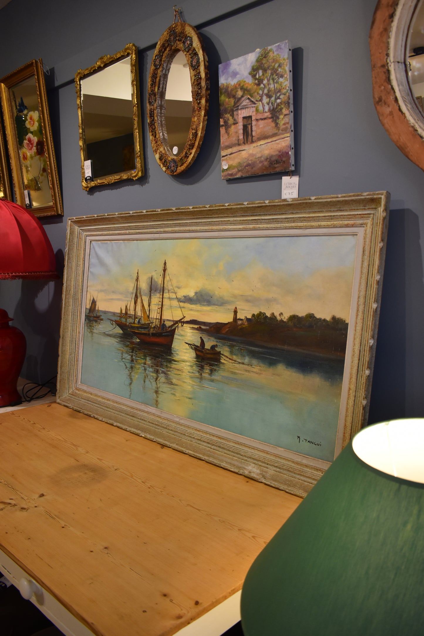 Large Framed French Painting of Boats