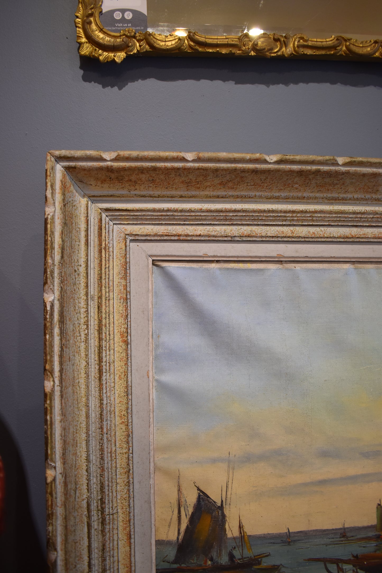 Large Framed French Painting of Boats