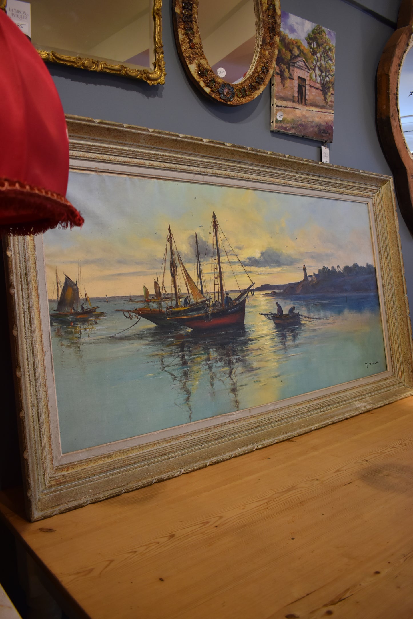 Large Framed French Painting of Boats