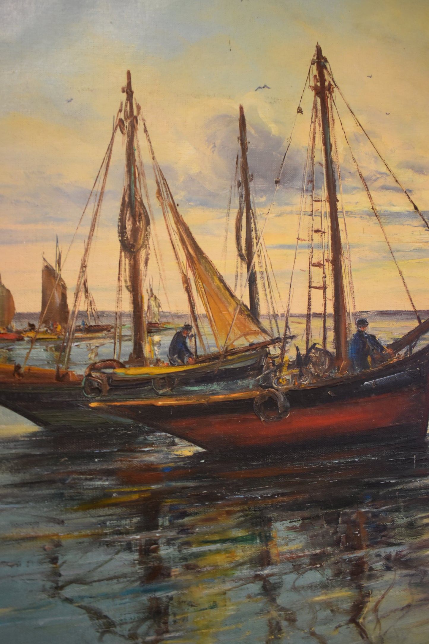 Large Framed French Painting of Boats
