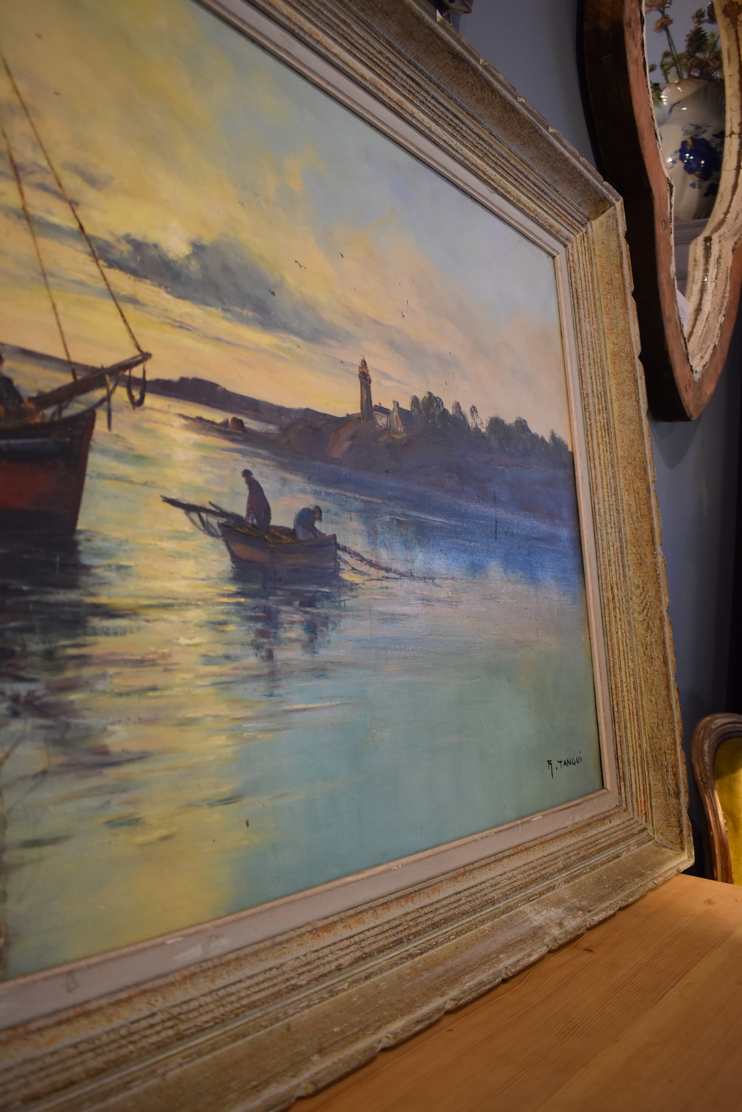 Large Framed French Painting of Boats