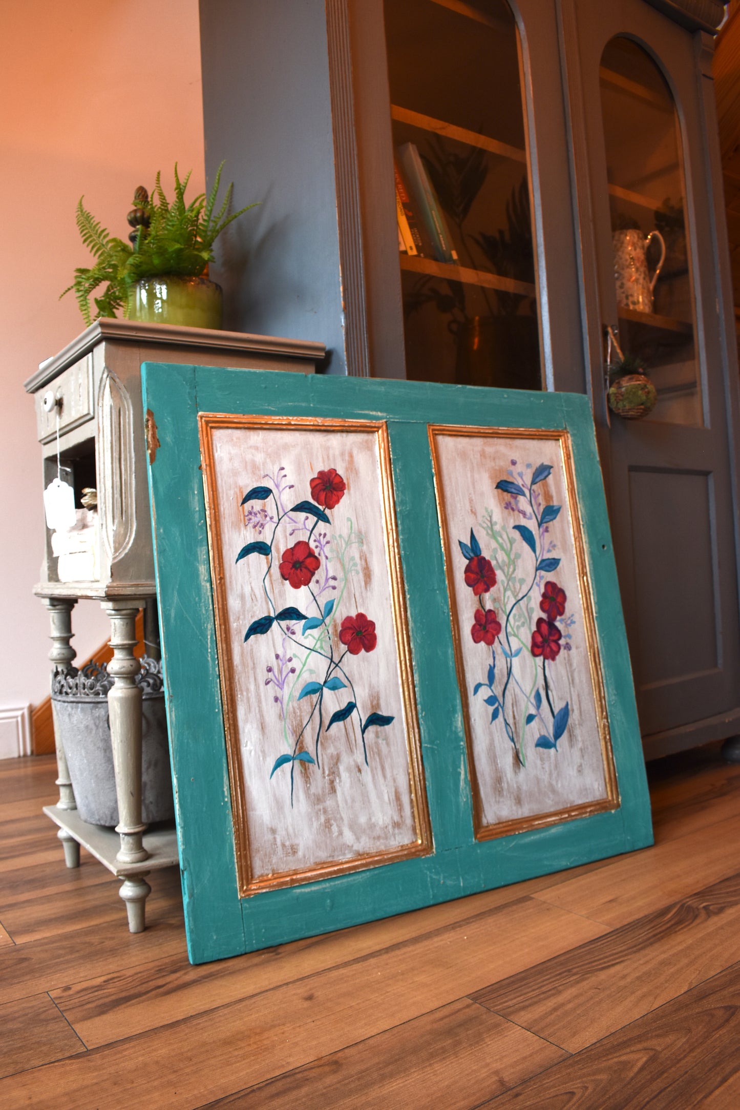 Old Antique Pine Floral Painted Door