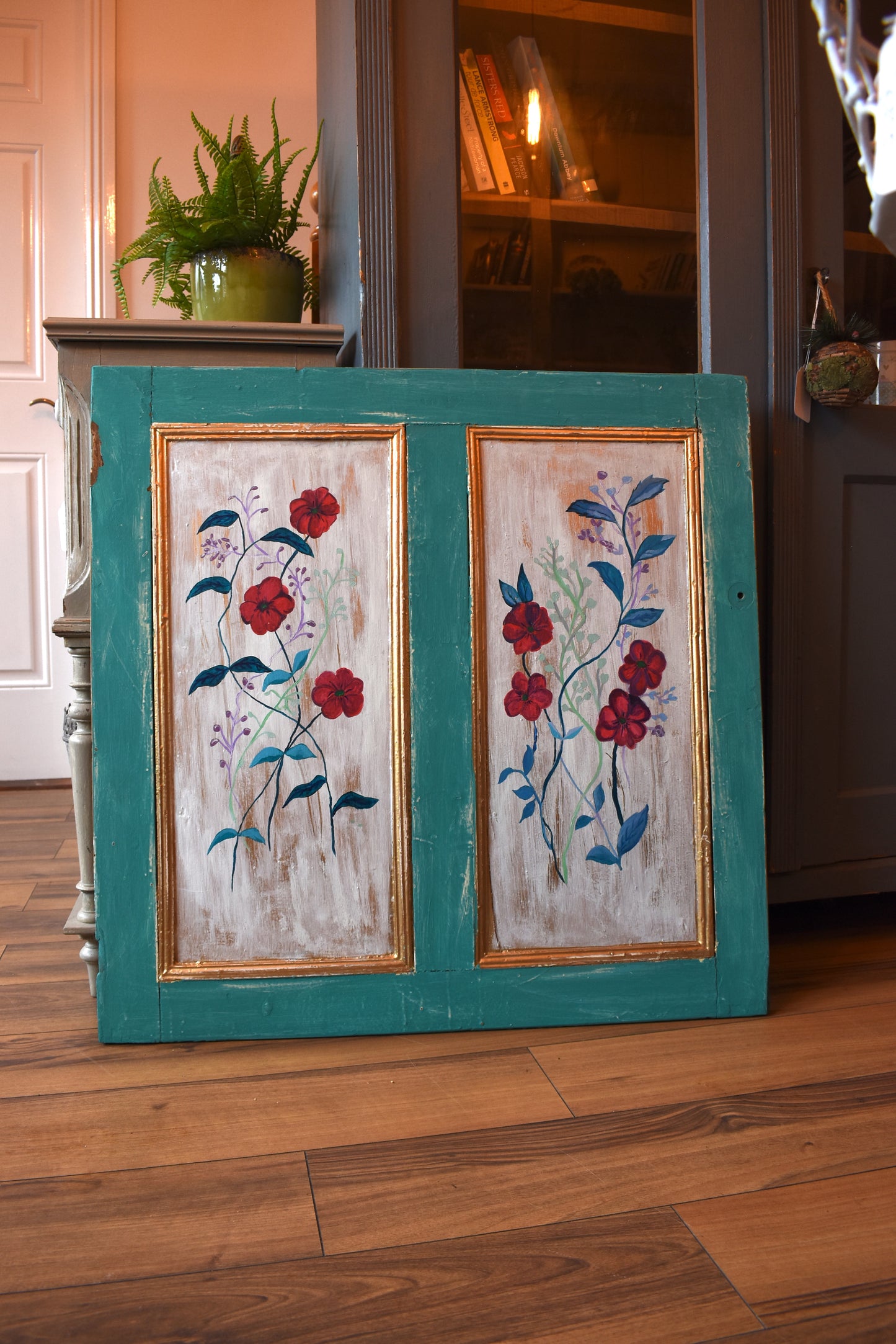 Old Antique Pine Floral Painted Door