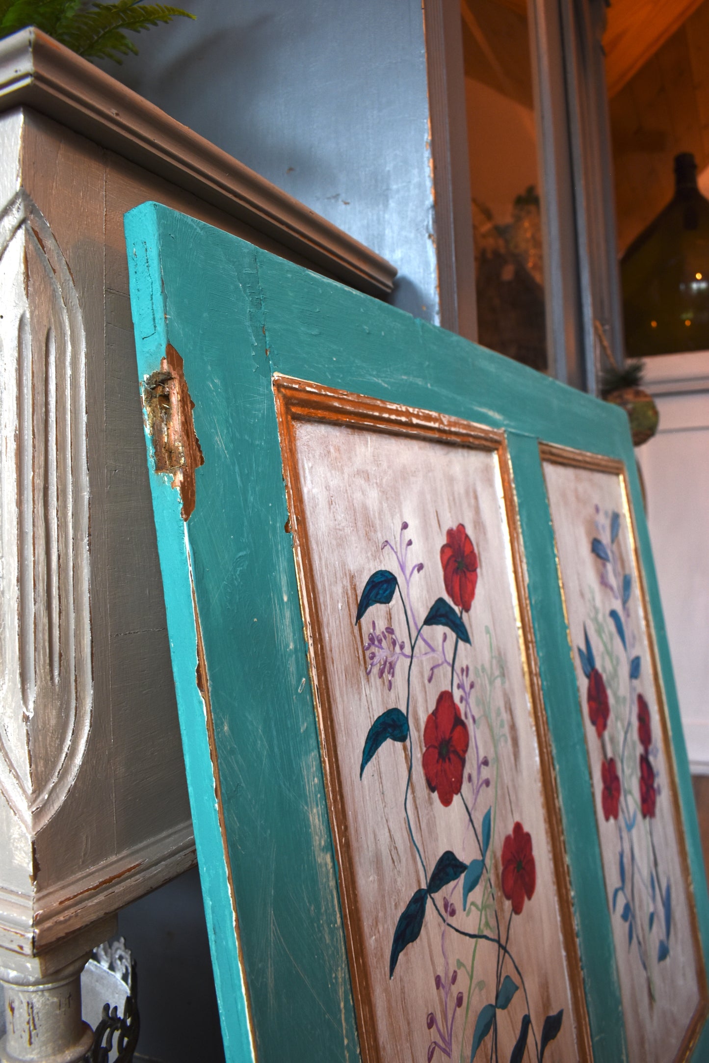 Old Antique Pine Floral Painted Door