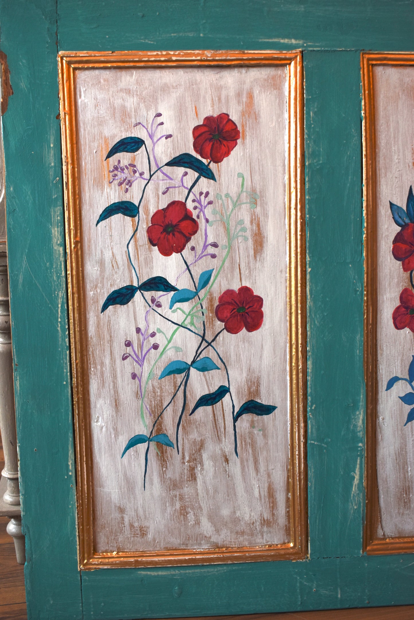 Old Antique Pine Floral Painted Door