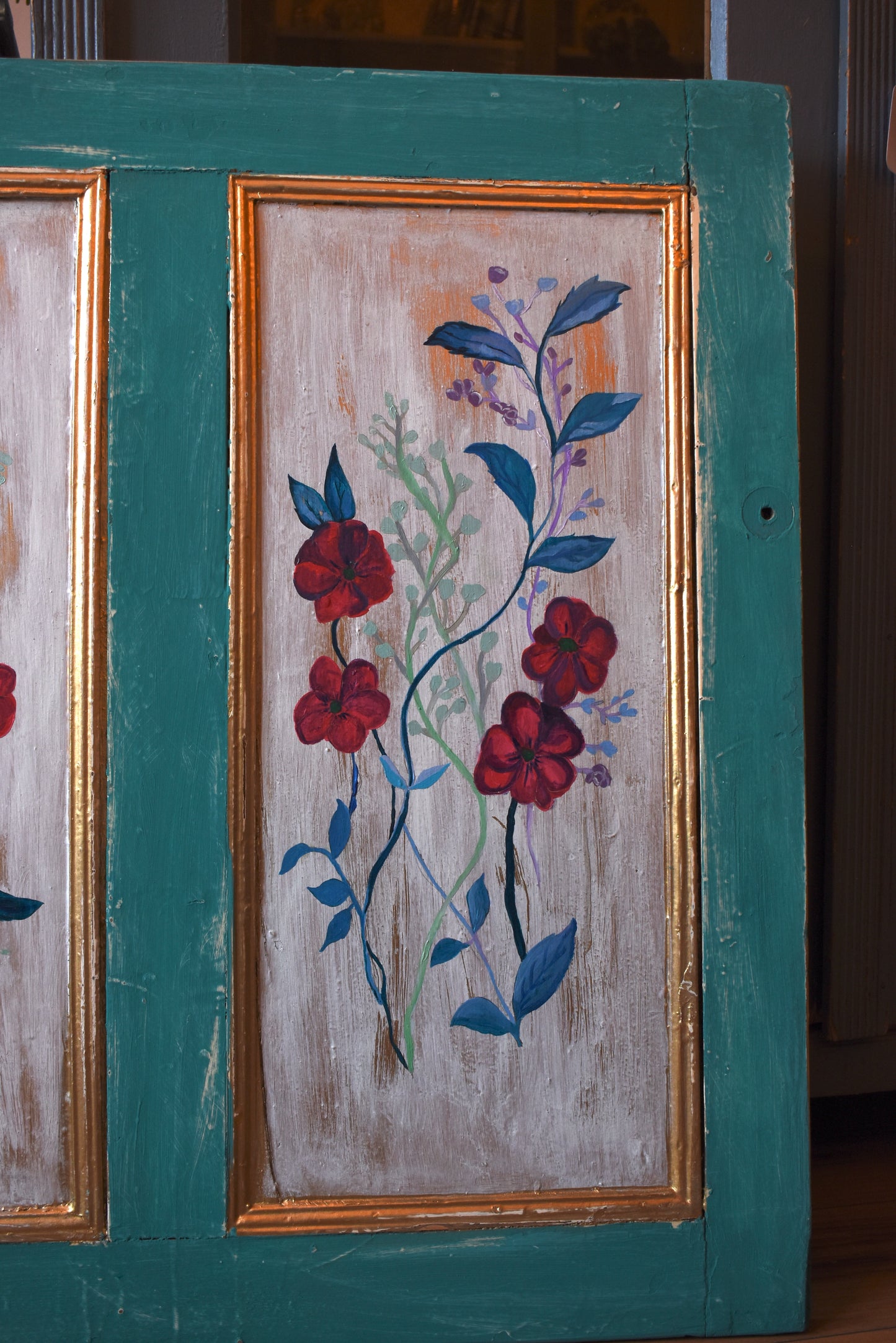 Old Antique Pine Floral Painted Door