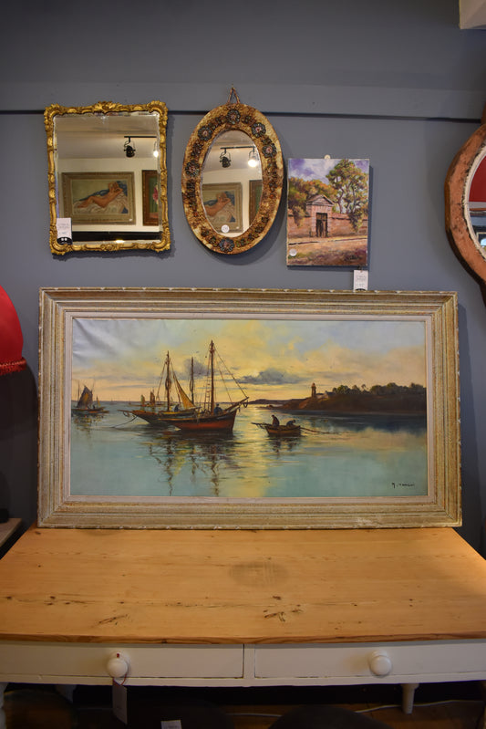 Large Framed French Painting of Boats