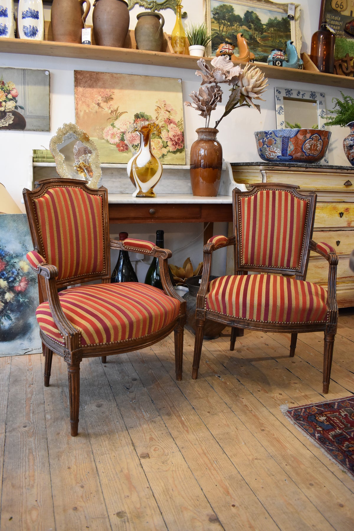 Pair of Old French Chairs in Candy Stripe Red
