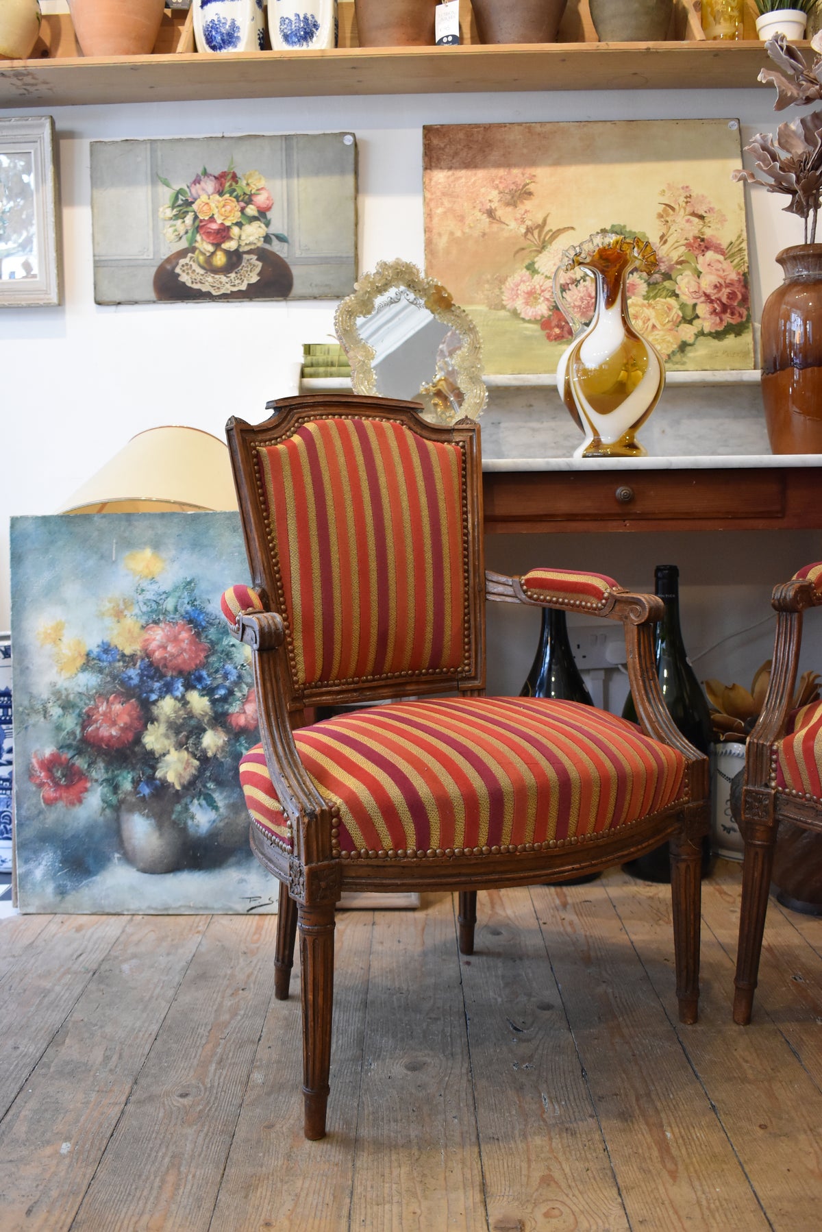 Pair of Old French Chairs in Candy Stripe Red