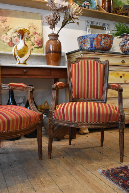 Pair of Old French Chairs in Candy Stripe Red