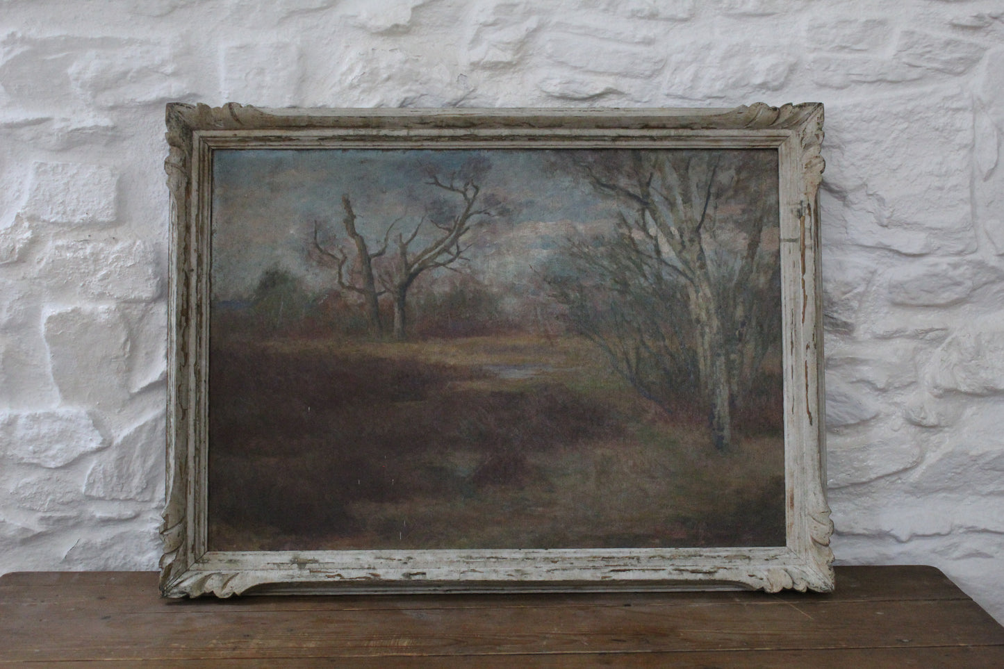 French Painting with a Lovely Stressed Frame of a Countrywide Scene